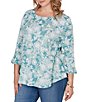 Ruby Rd. Plus Size Floral Scoop Neck 3/4 Ruffle Trim Sleeve Top - Image 4
