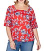 Ruby Rd. Plus Size Floral Square Neck Elbow-Length Sleeve Knit Top - Image 1