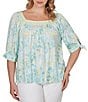 Ruby Rd. Plus Size Floral Square Neck Elbow Tie Sleeve Pleated Top - Image 1