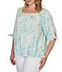 Ruby Rd. Plus Size Floral Square Neck Elbow Tie Sleeve Pleated Top - Image 3
