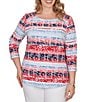 Ruby Rd. Plus Size Floral Stripe Envelope Neck 3/4 Sleeve Knit Top - Image 1