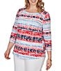 Ruby Rd. Plus Size Floral Stripe Envelope Neck 3/4 Sleeve Knit Top - Image 3