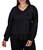 Ruby Rd. Plus Size French Terry Delicate Beaded V-Neck Long Sleeve Lace Hem Top - Image 1