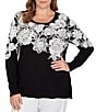 Ruby Rd. Plus Size Fuzzy Eyelash Jaquard Knit Floral Placement Crew Neckline Sweater, Color:Black - Image 1