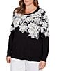 Ruby Rd. Plus Size Fuzzy Eyelash Jaquard Knit Floral Placement Crew Neckline Sweater, Color:Black - Image 4