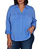 Ruby Rd. Plus Size Garment Washed Point Collar 3/4 Roll-Tab Sleeve Button Front Shirt - Image 1