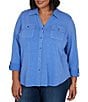 Ruby Rd. Plus Size Garment Washed Point Collar 3/4 Roll-Tab Sleeve Button Front Shirt - Image 3