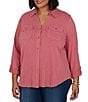 Ruby Rd. Plus Size Garment Washed Point Collar 3/4 Roll-Tab Sleeve Button Front Shirt - Image 3