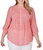 Color:Punch Multi - Image 1 - Plus Size Gingham Print Woven Round Band Collar 3/4 Roll-Tab Sleeve Blouse