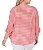 Color:Punch Multi - Image 2 - Plus Size Gingham Print Woven Round Band Collar 3/4 Roll-Tab Sleeve Blouse