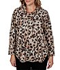 Ruby Rd. Plus Size Hatchi Knit Leopard Print Draped Drawstring Cowl Neck Long Sleeve Top - Image 1
