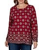 Ruby Rd. Plus Size Hatchi Knit Medallion Border Print Scoop Neck Bracelet Length Sleeve Top - Image 1