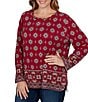 Ruby Rd. Plus Size Hatchi Knit Medallion Border Print Scoop Neck Bracelet Length Sleeve Top - Image 3