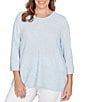 Ruby Rd. Plus Size Heather Speckeled Ribbed Knit Crew Neck 3/4 Sleeve Side Vented Top, Color:Bluebell Heather - Image 1