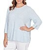 Ruby Rd. Plus Size Heather Speckeled Ribbed Knit Crew Neck 3/4 Sleeve Side Vented Top, Color:Bluebell Heather - Image 4