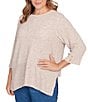 Ruby Rd. Plus Size Heather Speckeled Ribbed Knit Crew Neck 3/4 Sleeve Side Vented Top, Color:Biscotti Heather - Image 4