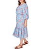 Color:Capri Multi - Image 3 - Plus Size Jacobean Print Fuji Split V-Neck 3/4 Sleeve Flounce Hem Dress