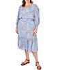 Color:Capri Multi - Image 4 - Plus Size Jacobean Print Fuji Split V-Neck 3/4 Sleeve Flounce Hem Dress