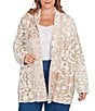 Ruby Rd. Plus Size Jacquard Eyelash Yarn Vintage Scroll Shawl Collar Long Sleeve Open-Front Cardigan Sweater, Color:Biscotti Multi - Image 1