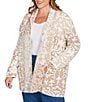 Ruby Rd. Plus Size Jacquard Eyelash Yarn Vintage Scroll Shawl Collar Long Sleeve Open-Front Cardigan Sweater, Color:Biscotti Multi - Image 4
