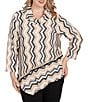 Ruby Rd. Plus Size Jacquard Knit Embroidered Zig-Zag Stripe Cowl Neck 3/4 Sleeve Asymmetric Hem Top, Color:Tan Multi - Image 1