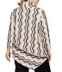 Ruby Rd. Plus Size Jacquard Knit Embroidered Zig-Zag Stripe Cowl Neck 3/4 Sleeve Asymmetric Hem Top, Color:Tan Multi - Image 2