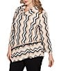Ruby Rd. Plus Size Jacquard Knit Embroidered Zig-Zag Stripe Cowl Neck 3/4 Sleeve Asymmetric Hem Top, Color:Tan Multi - Image 4