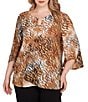 Ruby Rd. Plus Size Jacquard Knit Tie-Dye Zebra Keyhole Neck Bar 3/4 Sleeve Top, Color:Tan Multi - Image 1