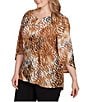 Ruby Rd. Plus Size Jacquard Knit Tie-Dye Zebra Keyhole Neck Bar 3/4 Sleeve Top, Color:Tan Multi - Image 4