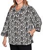 Ruby Rd. Plus Size Jacquard Knit Zebra Point Collar Bracelet Sleeve Button-Front Swing Jacket, Color:Black Multi - Image 4