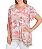 Ruby Rd. Plus Size Jersey Knit Floral Stripe Border Print Round Neck Short Sleeve Sharkbite Hem Top, Color:Bay Leaf/Multi - Image 4