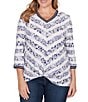 Ruby Rd. Plus Size Jersey Knit Floral Stripe Contrast Tipping Twist Front Hem Top, Color:Lilac Multi - Image 1