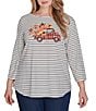 Ruby Rd. Plus Size Knit Fall Stripe Pick Up Pumpkin Print Boat Neck 3/4 Sleeve Top, Color:Alabaster Multi - Image 1
