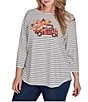 Ruby Rd. Plus Size Knit Fall Stripe Pick Up Pumpkin Print Boat Neck 3/4 Sleeve Top, Color:Alabaster Multi - Image 4