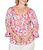 Ruby Rd. Plus Size Knit Floral Horseshoe Neck 3/4 Ruffle Trim Sleeve Top - Image 1