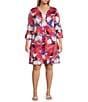Color:Raspberry Multi - Image 1 - Plus Size Allover Floral Print Lace Trim Detail Detail Split Neck 3/4 Bell Sleeve Dress