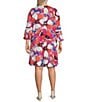 Color:Raspberry Multi - Image 2 - Plus Size Allover Floral Print Lace Trim Detail Detail Split Neck 3/4 Bell Sleeve Dress
