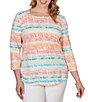 Ruby Rd. Plus Size Knit Floral Stripe Square Neck 3/4 Sleeve Top - Image 1