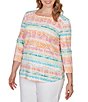Ruby Rd. Plus Size Knit Floral Stripe Square Neck 3/4 Sleeve Top - Image 4