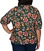 Ruby Rd. Plus Size Knit Floral Vine Split V-Neck Elbow Length Sleeve Rik-Rac Trim Top - Image 2