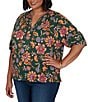 Ruby Rd. Plus Size Knit Floral Vine Split V-Neck Elbow Length Sleeve Rik-Rac Trim Top - Image 4
