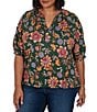Ruby Rd. Plus Size Knit Floral Vine Split V-Neck Elbow Length Sleeve Rik-Rac Trim Top - Image 1