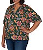 Ruby Rd. Plus Size Knit Floral Vine Split V-Neck Elbow Length Sleeve Rik-Rac Trim Top - Image 4