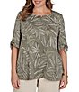 Ruby Rd. Plus Size Knit Fronds Puff Envelope Neckline Short Tie Sleeves Top - Image 1