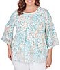 Color:Clear Blue Multi - Image 1 - Plus Size Knit Ikat Print Crew Neck 3/4 Sleeve Embroidered Top