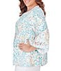 Color:Clear Blue Multi - Image 3 - Plus Size Knit Ikat Print Crew Neck 3/4 Sleeve Embroidered Top