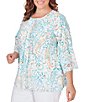 Color:Clear Blue Multi - Image 4 - Plus Size Knit Ikat Print Crew Neck 3/4 Sleeve Embroidered Top