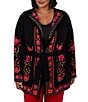 Ruby Rd. Plus Size Knit Jacquard Rose Shawl Collar Long Sleeve Fringe Hem Self Tie Cardigan - Image 1