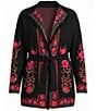 Ruby Rd. Plus Size Knit Jacquard Rose Shawl Collar Long Sleeve Fringe Hem Self Tie Cardigan - Image 4