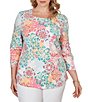 Ruby Rd. Plus Size Knit Medallion Floral Square Neck 3/4 Sleeve Top - Image 1